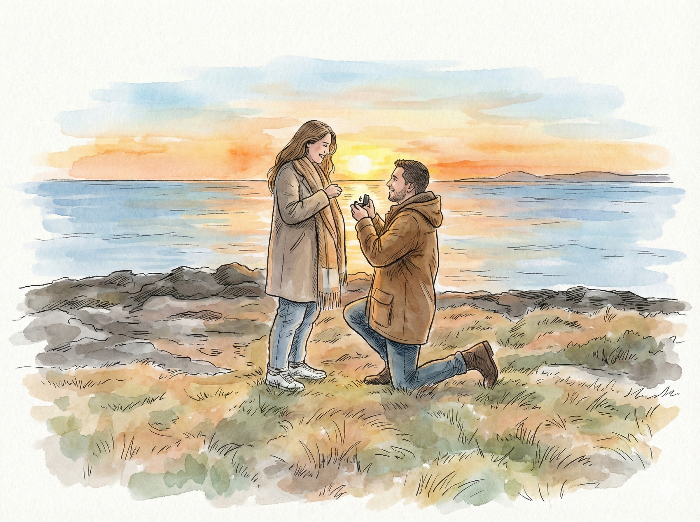 Aquarela ilustrando o pedido de casamento à beira-mar em Punta Ballena